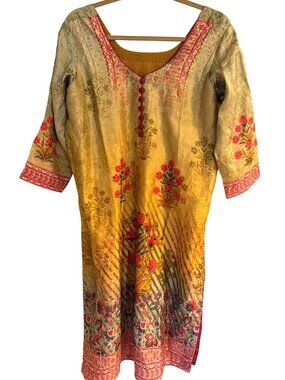 Women's Kaftan Boho Tunic Gold Floral Digital Print Long Kurti Ethnic Lined SzL